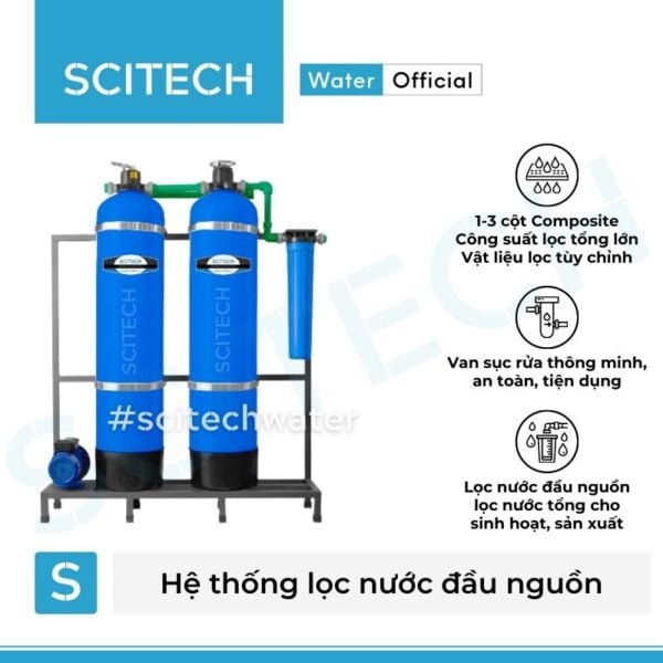 he thong loc nuoc dau nguon 2 cot composite van tay mau xanh