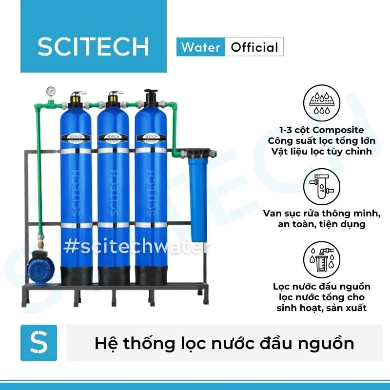 he thong loc nuoc dau nguon 3 cot composite van tay mau xanh